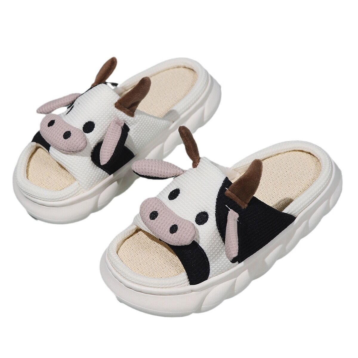 Unisex Cow Cartoon Linen Slippers: EVA Thick Sole Non-Slip Beach Sandals for Couples & Parent-Child, 7 Styles(white)