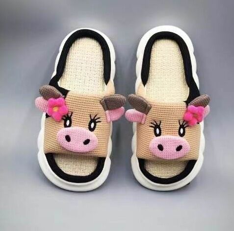 Unisex Cow Cartoon Linen Slippers: EVA Thick Sole Non-Slip Beach Sandals for Couples & Parent-Child, 7 Styles(khaki)