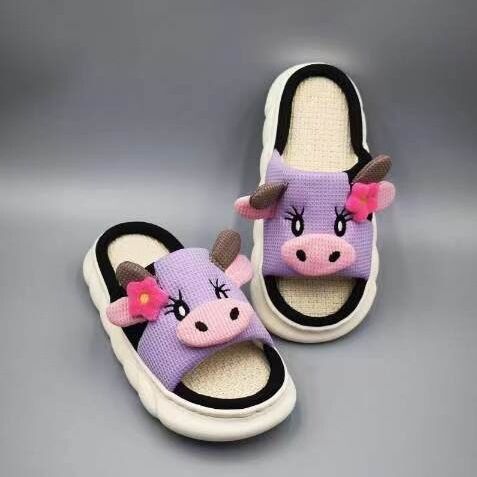 Unisex Cow Cartoon Linen Slippers: EVA Thick Sole Non-Slip Beach Sandals for Couples &amp; Parent-Child, 7 Styles(purple)