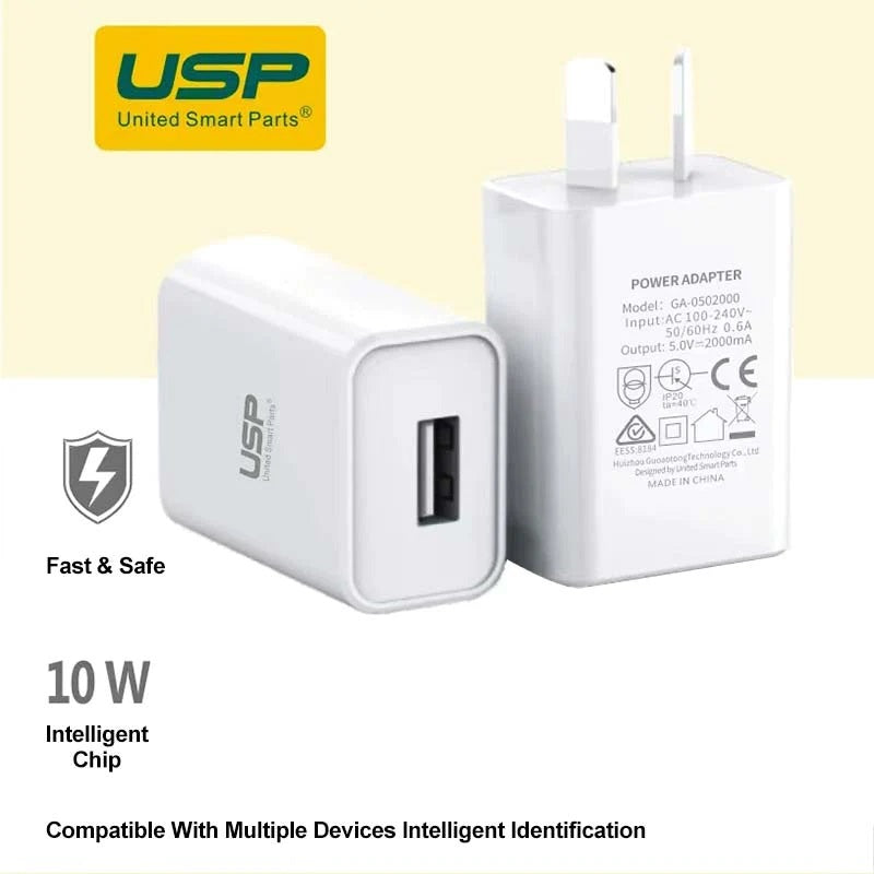 USP 10W USB-A Fast Wall Charger White - Intelligent Chip, Smart Charging, Output Voltage DC5V/3A, Output Current 2A max, Charge Your Phones &amp; Tablets