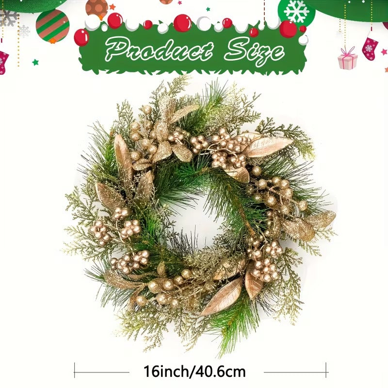 Classic Christmas Wreath Golden Leaves and Berries