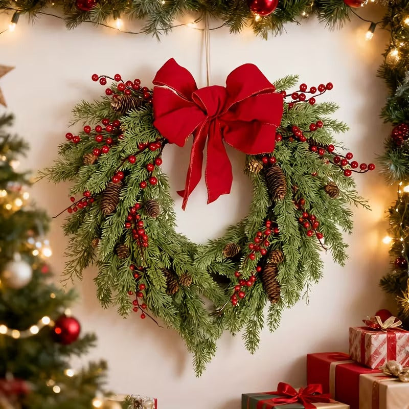 Pine Needle Red Berry Wreath with Heart Bow