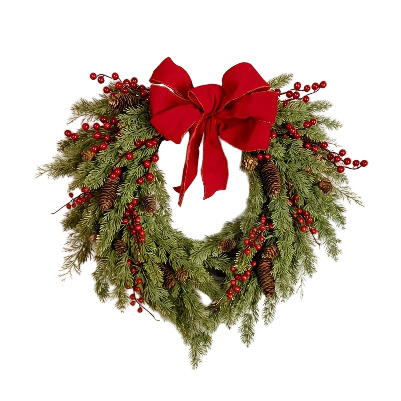 Pine Needle Red Berry Wreath with Heart Bow