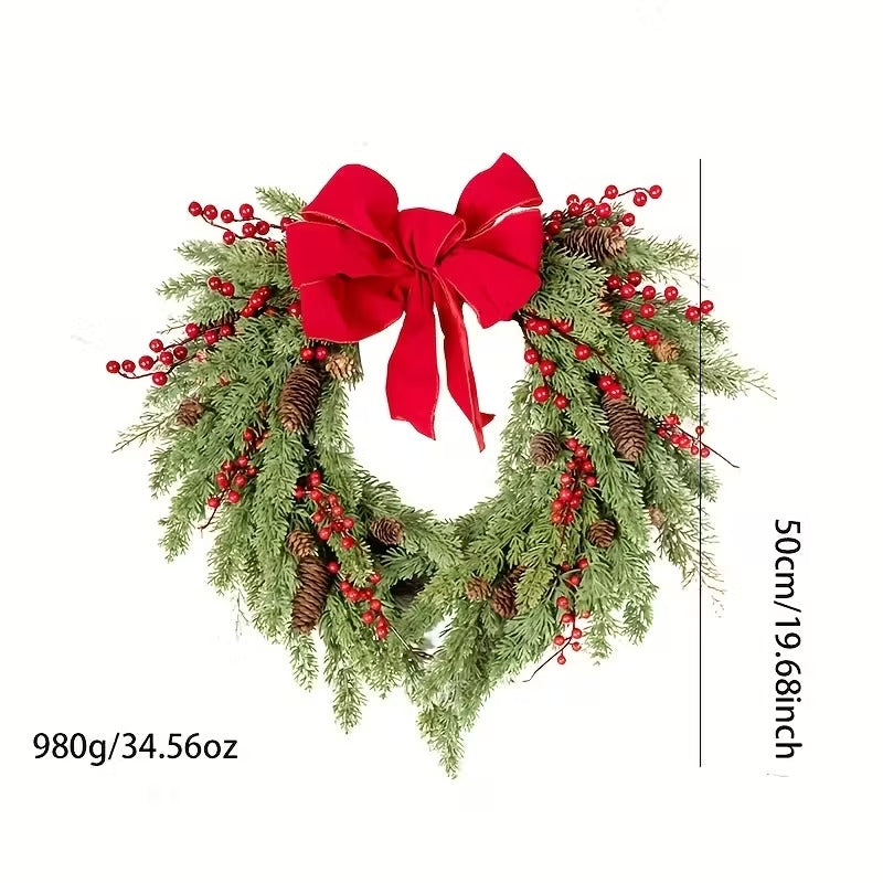 Pine Needle Red Berry Wreath with Heart Bow