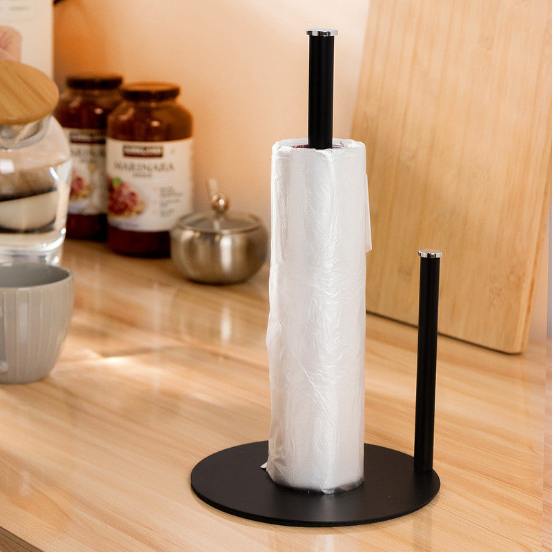Iron Double Pole Paper Towel Holder for Kitchen Countertop Cling Film Storage Rack-Black