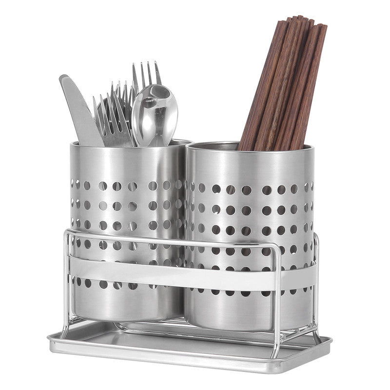 Stainless Steel Double-Tube Cutlery Basket With Storage Rack for Household Kitchen-Silver