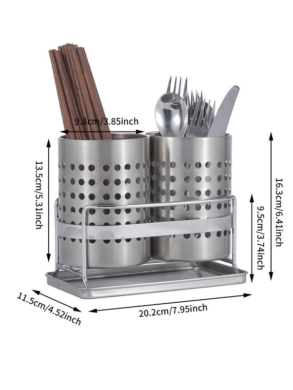 Stainless Steel Double-Tube Cutlery Basket With Storage Rack for Household Kitchen-Silver