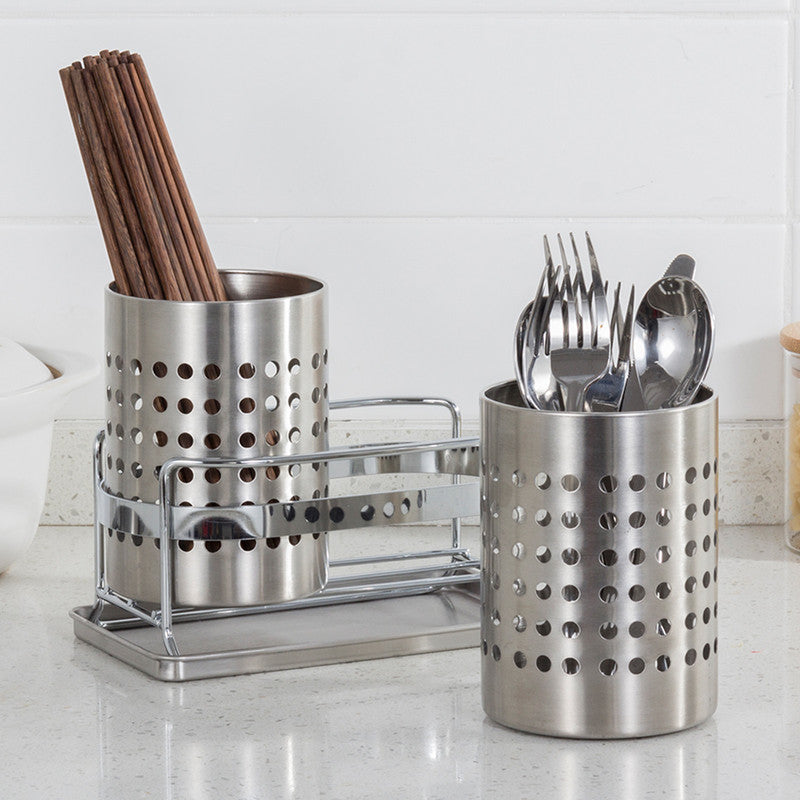 Stainless Steel Double-Tube Cutlery Basket With Storage Rack for Household Kitchen-Silver