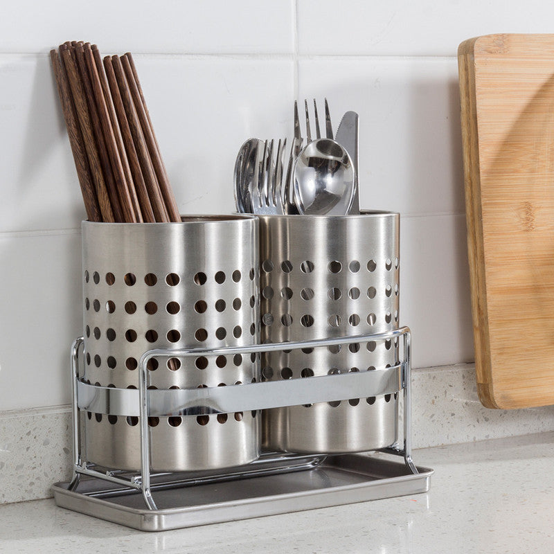 Stainless Steel Double-Tube Cutlery Basket With Storage Rack for Household Kitchen-Silver