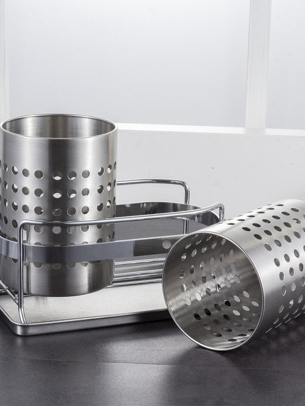 Stainless Steel Double-Tube Cutlery Basket With Storage Rack for Household Kitchen-Silver