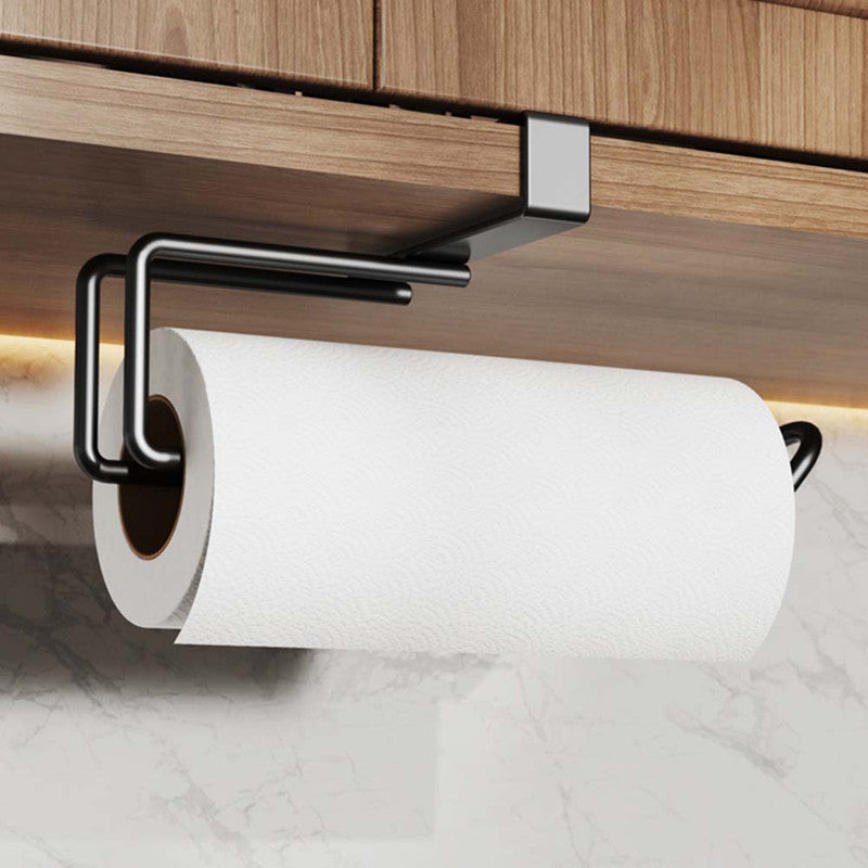 Metal No-punch Roll Paper Rack for Kitchen Cabinet Cling Film Storage Rack-Black