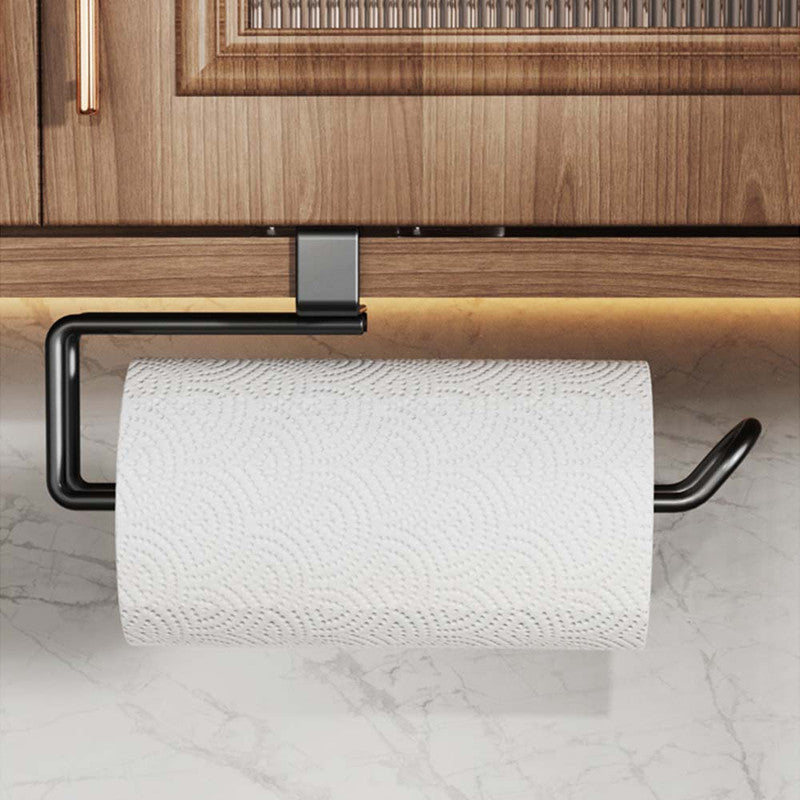Metal No-punch Roll Paper Rack for Kitchen Cabinet Cling Film Storage Rack-Black