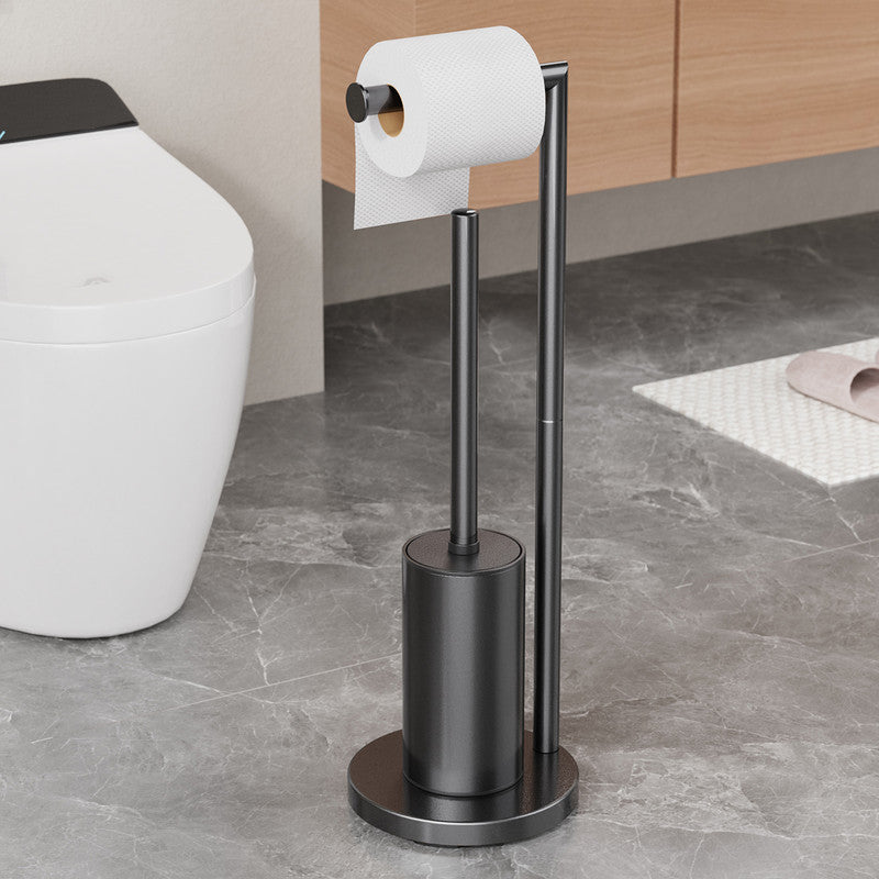 2-in-1 Floor Standing Roll Paper Holder and Toilet Brush For Bathroom and Toilet-Black