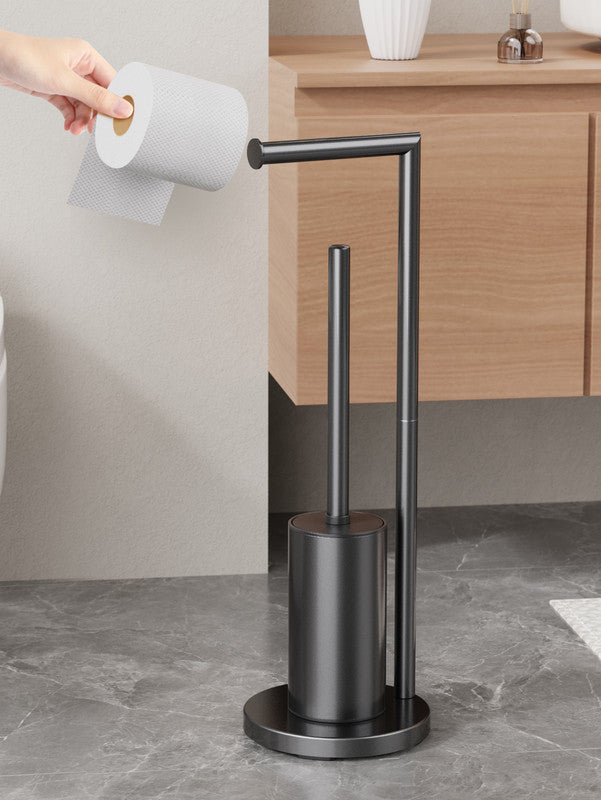 2-in-1 Floor Standing Roll Paper Holder and Toilet Brush For Bathroom and Toilet-Black