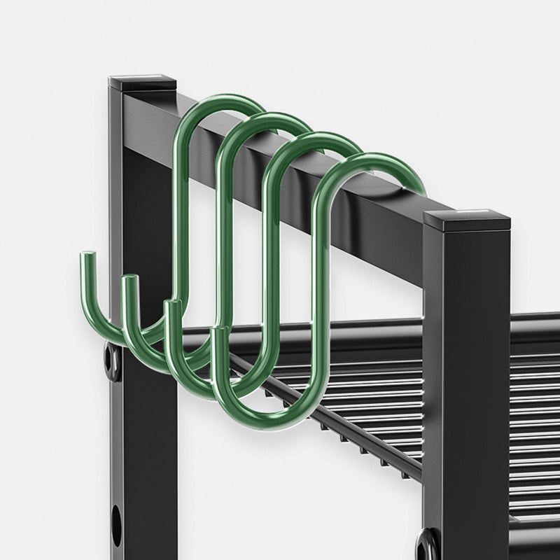 Metal Shelf For Microwave Oven 2 Level Kitchen Storage Rack With 4 Hooks-Black