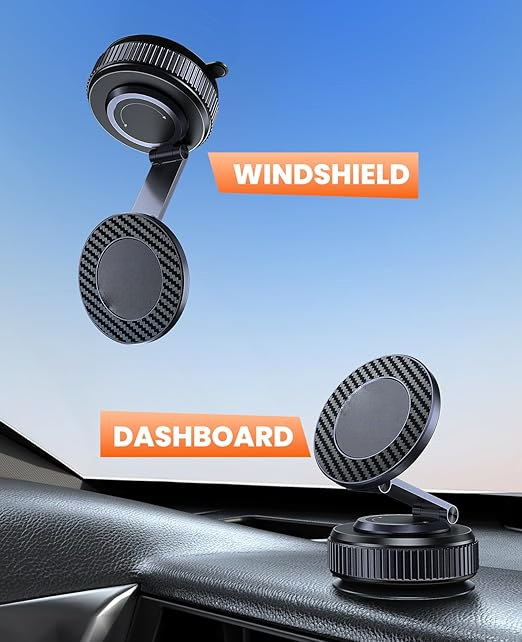 Suction Phone Mount for Car Dashboard/Windshield - 360°Adjustable Magnetic Phone Holder for Car, Foldable Car Phone Holder for iPhone  Series (Carbon Fiber & Aluminum Alloy)
