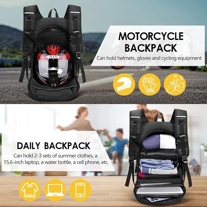 Motorcycle Backpack for Men, Waterproof Helmet Backpack with Reflective, Motorcycle Bag Helmet Bag-Black
