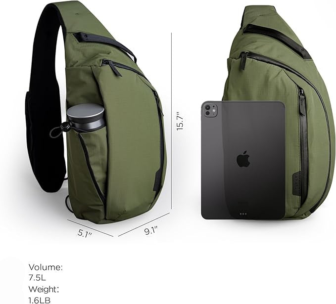 Crossbody Left Shoulder 7.5L - Crossbody Bag Men,Sling Backpack - Fits 12" Tablet - Single Shoulder-Green