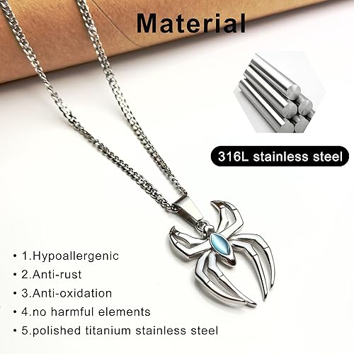 Spider Pendant Necklace Surgical Steel Superhero Spiderman Jewelry for Kids- Silver B