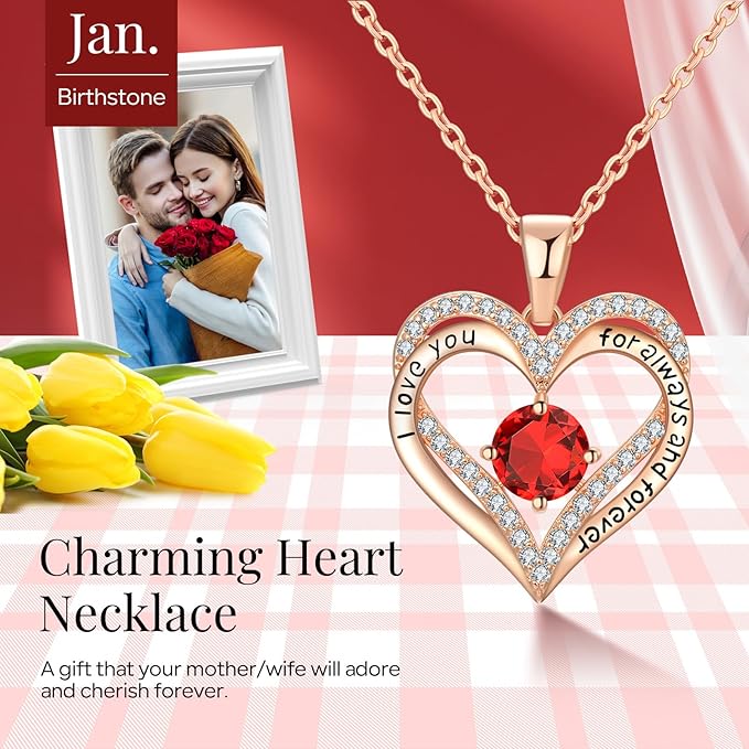 18K Rose Gold Necklaces for Women, 925 Sterling Silver Gifts for Mothers Day, Jewelry for Wife Mom Her Girlfriend, Birthstone Diamond Necklace for Birthday Anniversary, Heart Pendant Jewelry-JAN
