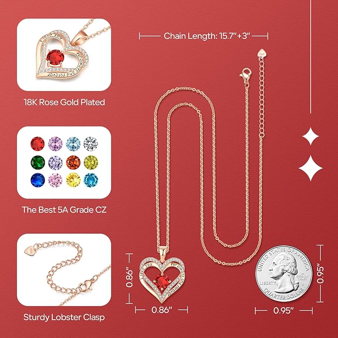 18K Rose Gold Necklaces for Women, 925 Sterling Silver Gifts for Mothers Day, Jewelry for Wife Mom Her Girlfriend, Birthstone Diamond Necklace for Birthday Anniversary, Heart Pendant Jewelry-JAN