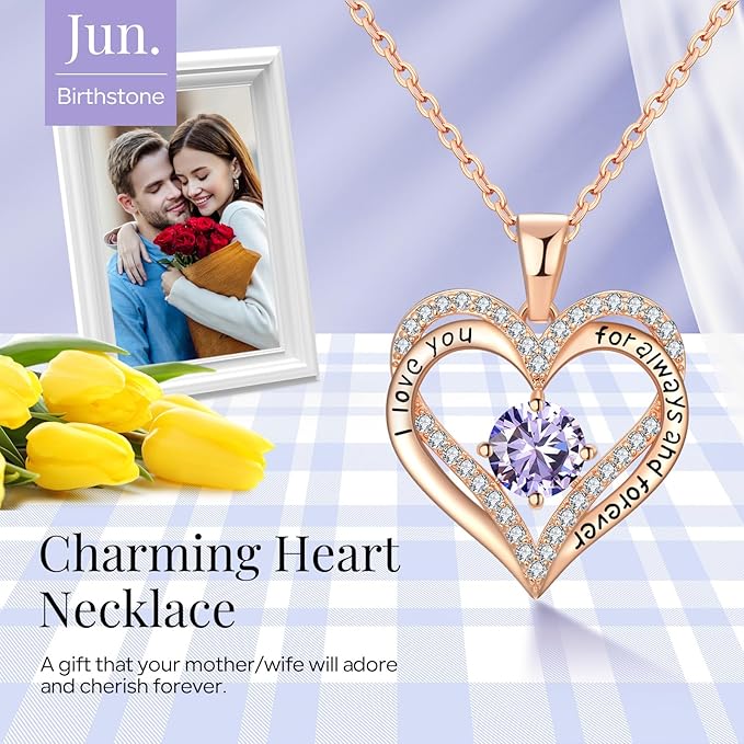 18K Rose Gold Necklaces for Women, 925 Sterling Silver Gifts for Mothers Day, Jewelry for Wife Mom Her Girlfriend, Birthstone Diamond Necklace for Birthday Anniversary, Heart Pendant Jewelry-JUN