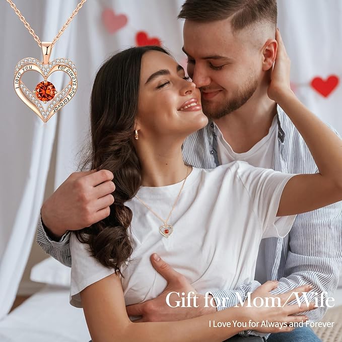 18K Rose Gold Necklaces for Women, 925 Sterling Silver Gifts for Mothers Day, Jewelry for Wife Mom Her Girlfriend, Birthstone Diamond Necklace for Birthday Anniversary, Heart Pendant Jewelry-JUL