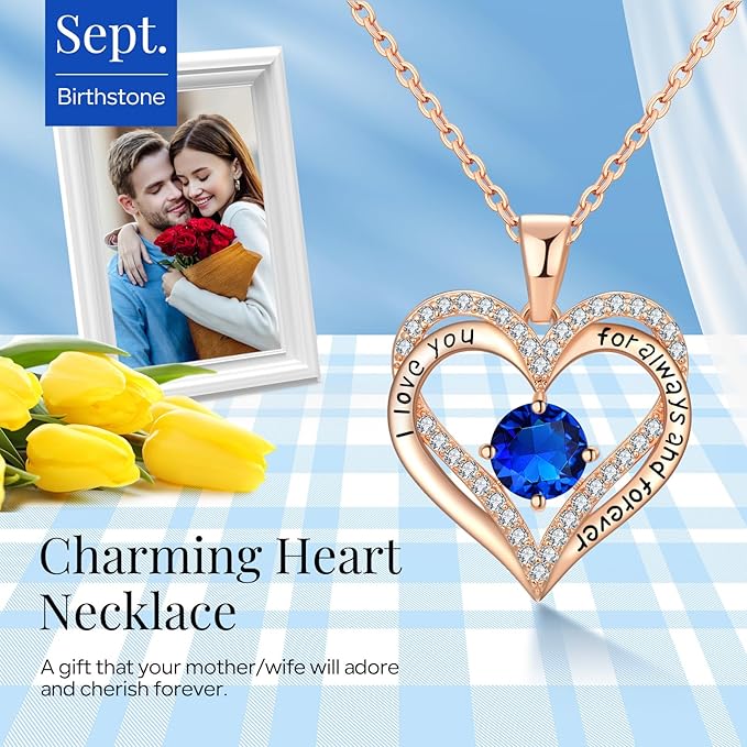 18K Rose Gold Necklaces for Women, 927 Sterling Silver Gifts for Mothers Day, Jewelry for Wife Mom Her Girlfriend, Birthstone Diamond Necklace for Birthday Anniversary, Heart Pendant Jewelry-SEP