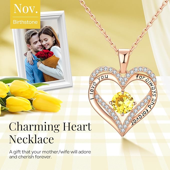 18K Rose Gold Necklaces for Women, 929 Sterling Silver Gifts for Mothers Day, Jewelry for Wife Mom Her Girlfriend, Birthstone Diamond Necklace for Birthday Anniversary, Heart Pendant Jewelry-NOV