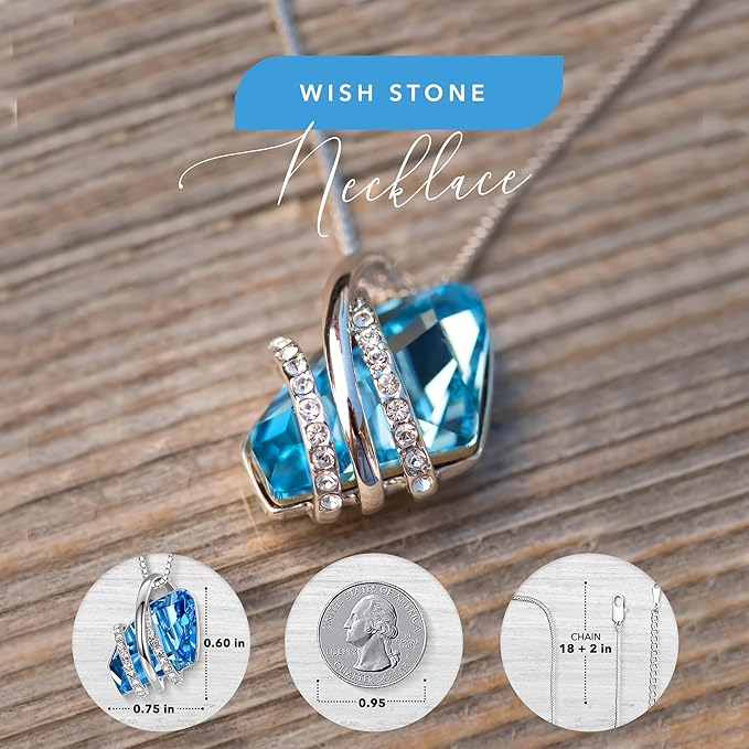 Wish Stone Pendant Necklace, Necklaces for Women with Birthstone Crystals, Allergy-Free Jewelry for Women with Gift Box, 19K Rose Gold Plated or Silver-tone Birthstone Necklace for Women-03-March December Birthstone