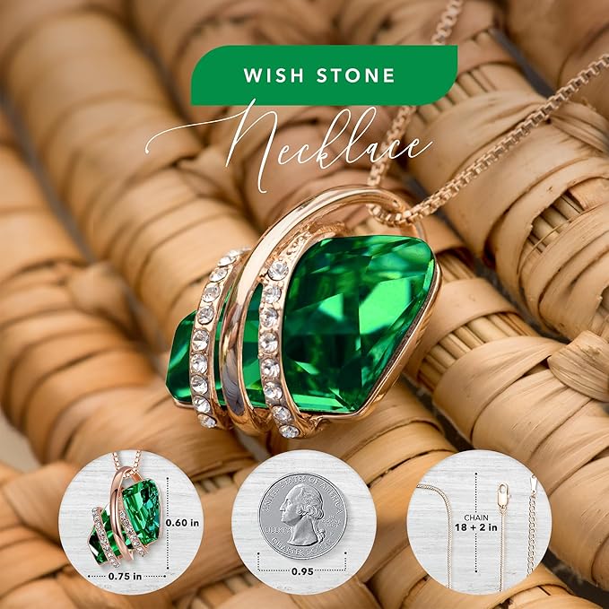 Wish Stone Pendant Necklace, Necklaces for Women with Birthstone Crystals, Allergy-Free Jewelry for Women with Gift Box, 21K Rose Gold Plated or Silver-tone Birthstone Necklace for Women-05-May Birthstone-Emerald Green
