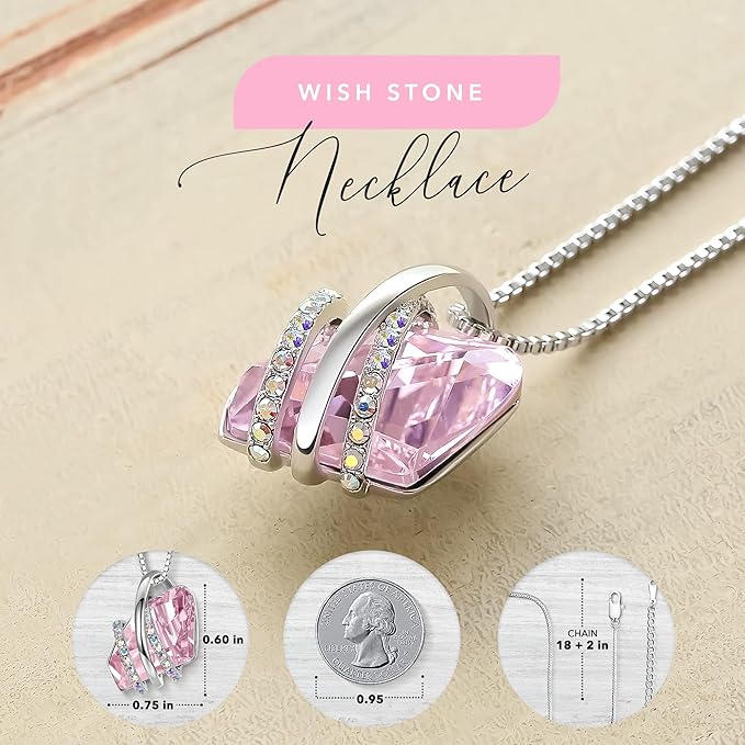 Wish Stone Pendant Necklace, Necklaces for Women with Birthstone Crystals, Allergy-Free Jewelry for Women with Gift Box, 24K Rose Gold Plated or Silver-tone Birthstone Necklace for Women-10-October Birthstone-Light Rosaline Pink