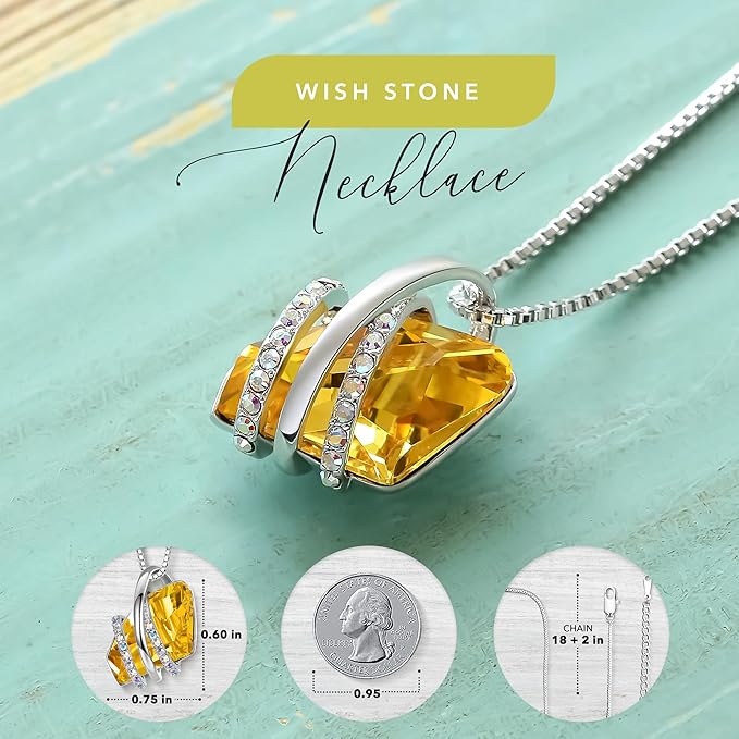 Wish Stone Pendant Necklace, Necklaces for Women with Birthstone Crystals, Allergy-Free Jewelry for Women with Gift Box, 27K Rose Gold Plated or Silver-tone Birthstone Necklace for Women-11-November Birthstone-Citrine Yellow