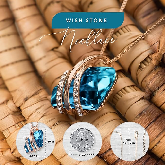 Wish Stone Pendant Necklace, Necklaces for Women with Birthstone Crystals, Allergy-Free Jewelry for Women with Gift Box, 28K Rose Gold Plated or Silver-tone Birthstone Necklace for Women- 12-December Birthstone-Zircon Blue