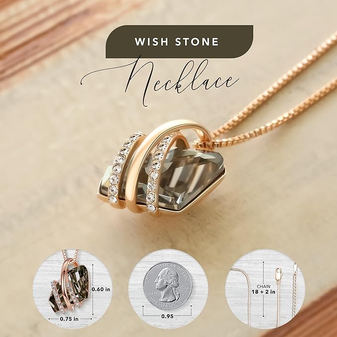 Wish Stone Pendant Necklace, Necklaces for Women with Birthstone Crystals, Allergy-Free Jewelry for Women with Gift Box, 29K Rose Gold Plated or Silver-tone Birthstone Necklace for Women-Healing Stone for Protection - Silver Black