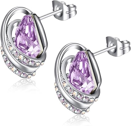 Infinity Love Heart Birthstone Earrings for Women, Crystal Stud Earrings with Healing Stones, Allergy-Free Jewelry for Women with Gift Box, Silver-tone Birthstone Crystals Earrings-06-June Birthstone-Alexandrite Light Purple