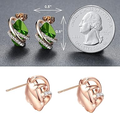 Infinity Love Heart Birthstone Earrings for Women, Crystal Stud Earrings with Healing Stones, Allergy-Free Jewelry for Women with Gift Box, Silver-tone Birthstone Crystals Earrings-08-August Birthstone-Peridot Green
