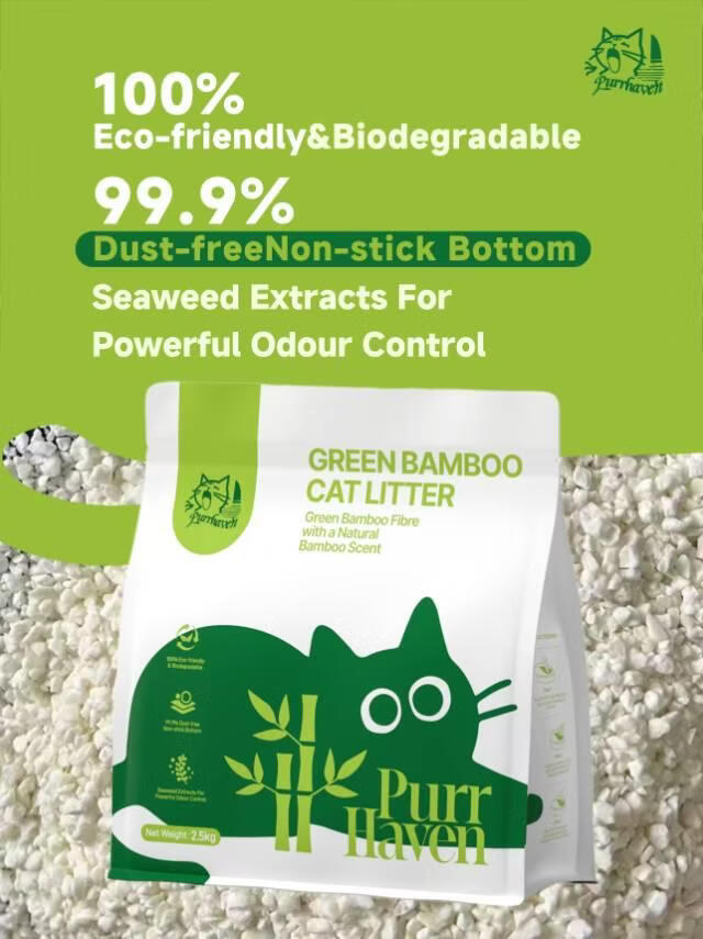 Purr Haven Green Bamboo Cat Litter | 1 Carton | 6 Packs Per Carton | 2.5kg Per Pack