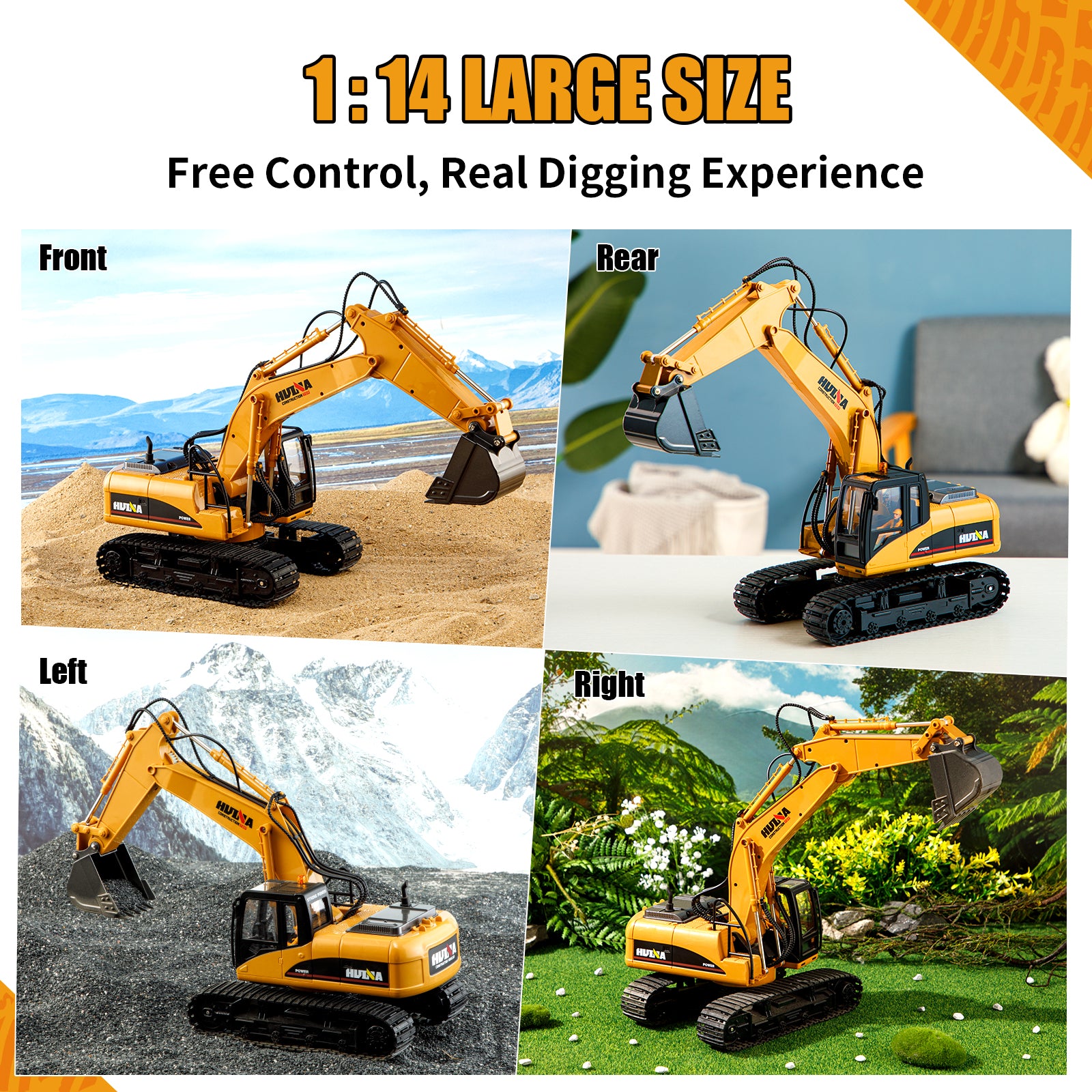 HUINA 1/14 RC Electric Excavator 1535 Remote Control Digger 15CH 2.4G Radio Finished Toy Model Battery Sound Light Effects Hobby Grade Model for Ages 14+