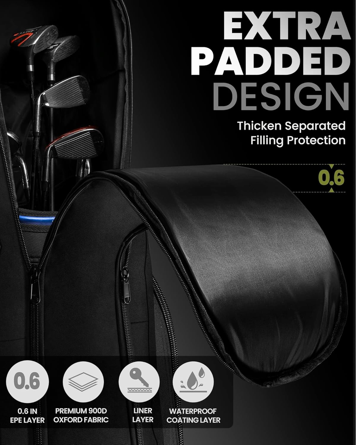 OutdoorMaster Padded Golf Club Travel Bag with Wheels, 900D Heavy Duty Oxford Waterproof -Alligators-Black