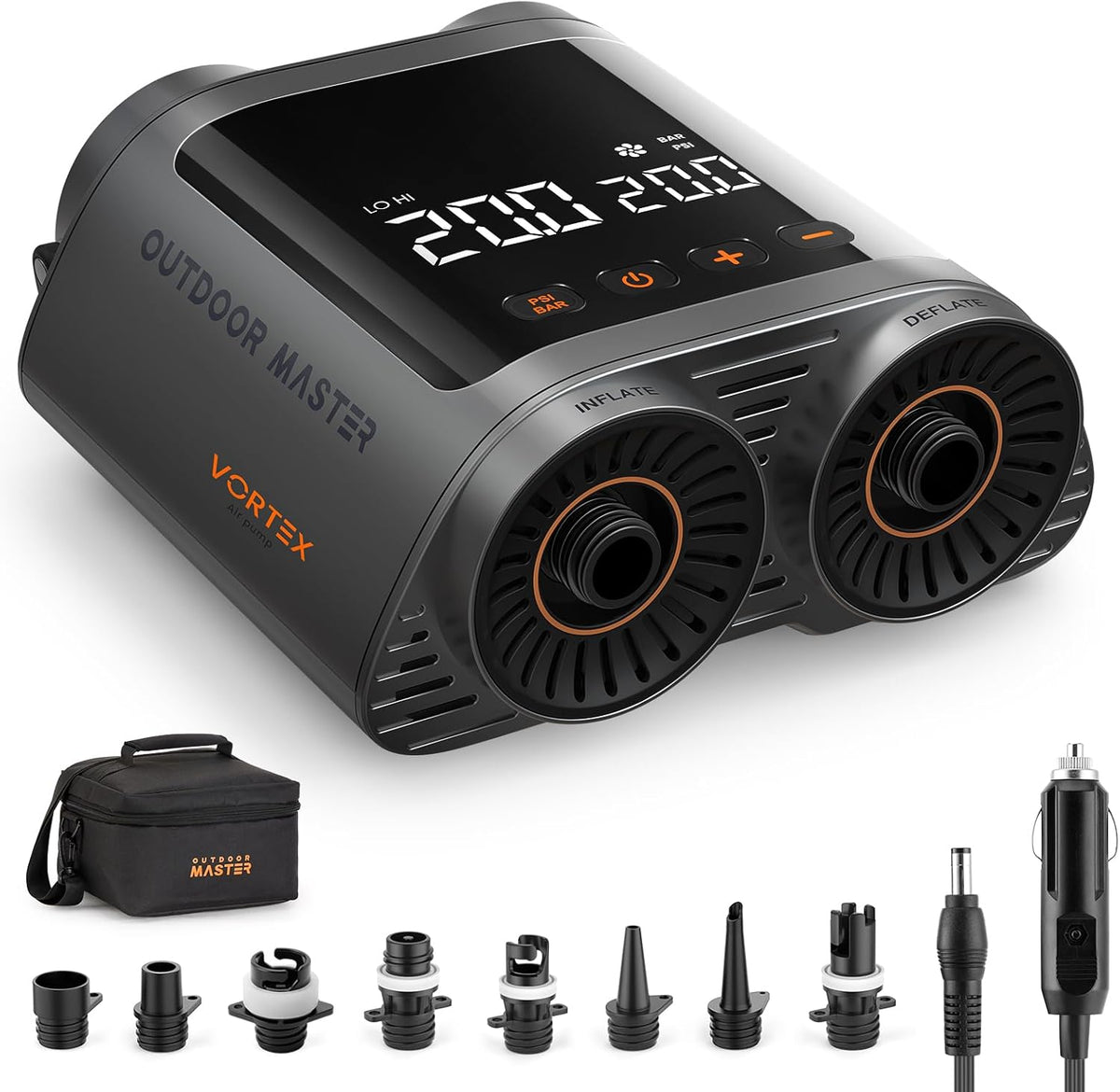 OutdoorMaster Vortex Paddle Board Pump Electric Portable, Max 20PSI SUP Air Pump Inflator &amp; Deflator, 12V/15.8V DC Input, Auto Off &amp; Cooling, 8 Nozzles Pump for Paddle Board, Inflatables - No Battery