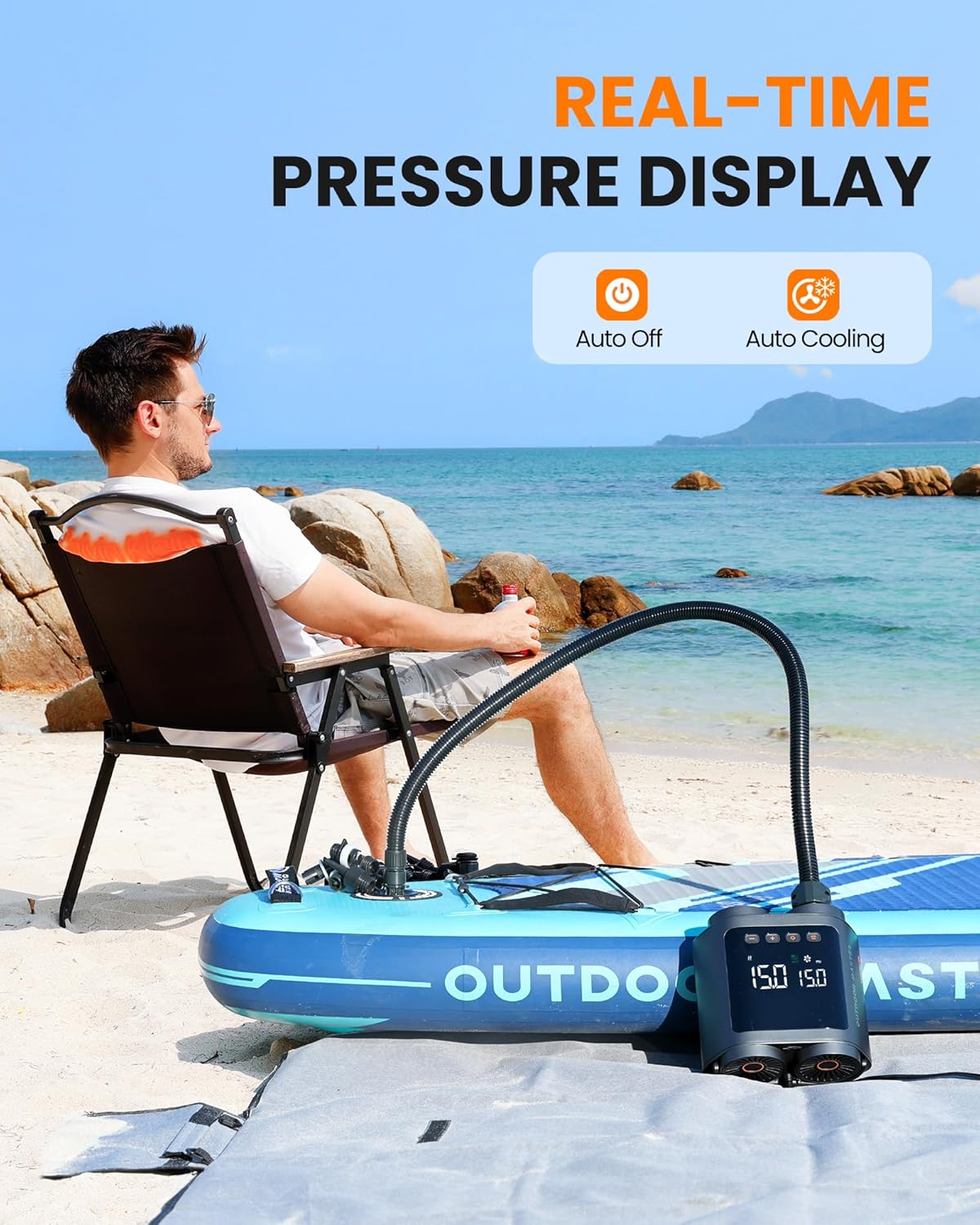 OutdoorMaster Vortex Paddle Board Pump Electric Portable, Max 20PSI SUP Air Pump Inflator & Deflator, 12V/15.8V DC Input, Auto Off & Cooling, 8 Nozzles Pump for Paddle Board, Inflatables - No Battery