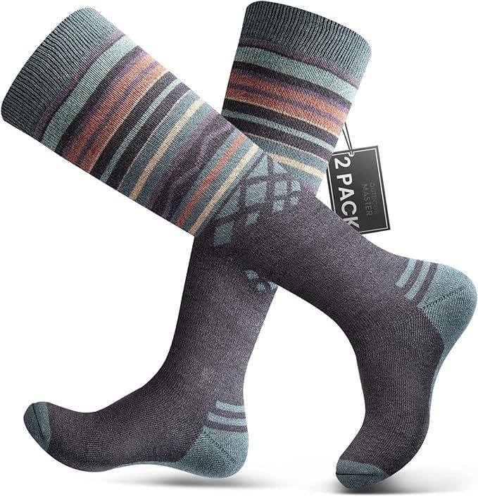 OutdoorMaster Ski Socks 2-Pack Merino Wool, Over The Calf Non-Slip Cuff for Men &amp; Women-Gray,Medium