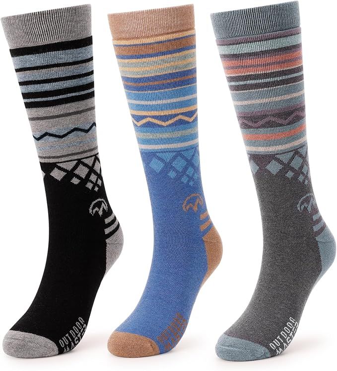 OutdoorMaster Ski Socks 3-Pack Merino Wool, Over The Calf Non-Slip Cuff for Men &amp; Women