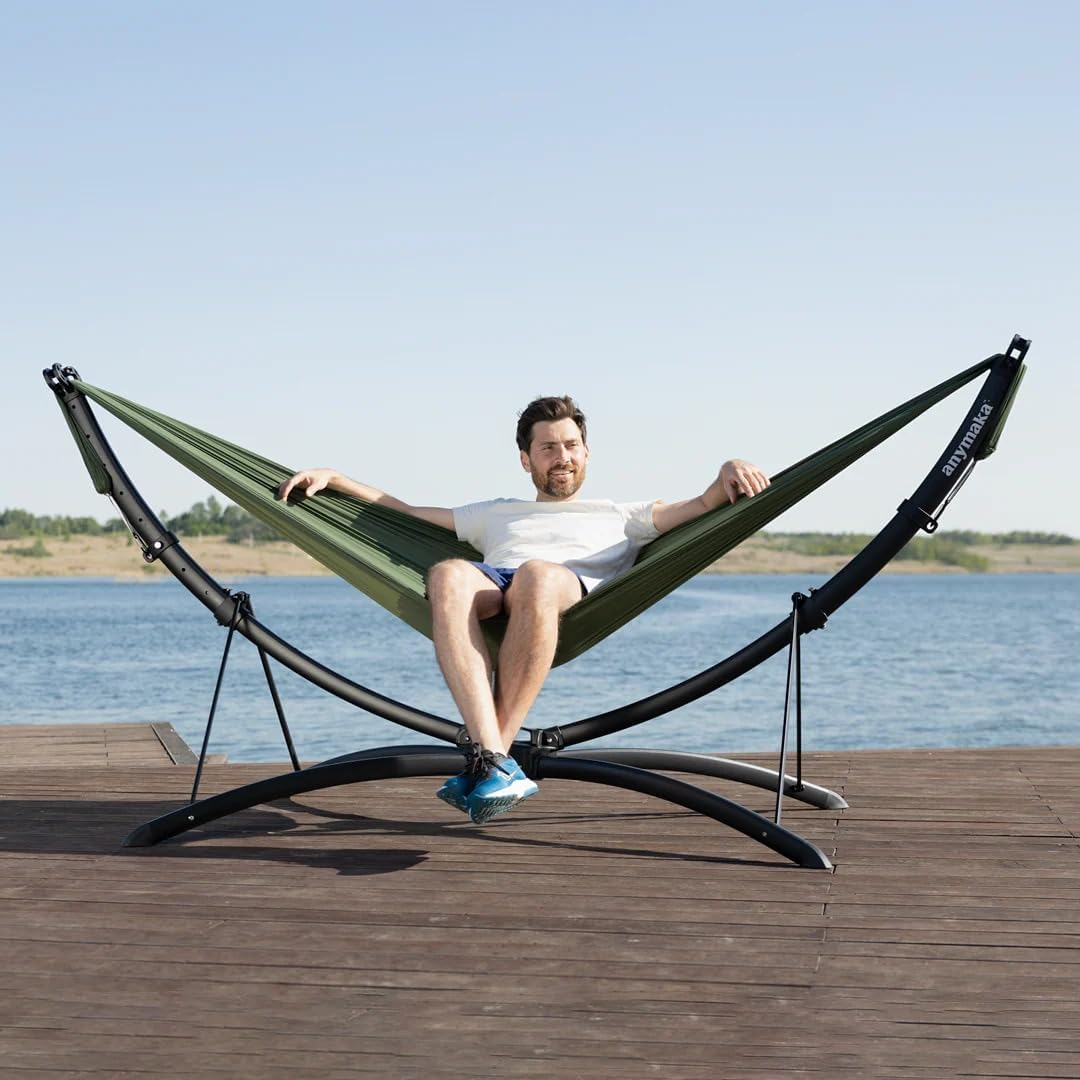 anymaka Set Up in 3 Seconds Adjustable Portable Aluminum Alloy Hammock Stand for Outside with Chair Mode & Lounge Mode up to 105'' (Hammmock Set Bundle Forest Green-1)