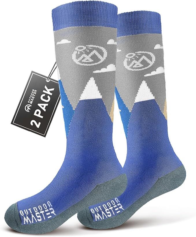 OutdoorMaster Merino Wool Ski Socks for Kids Boys &amp; Girls Thermal Winter Warm Snowboarding Cold Weather-Blue Mountains - 2 Pack,Small