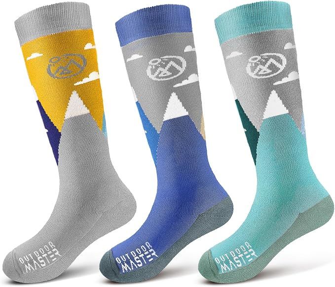 OutdoorMaster Merino Wool Ski Socks for Kids Boys &amp; Girls Thermal Winter Warm Snowboarding Cold Weather-3 pack,Medium