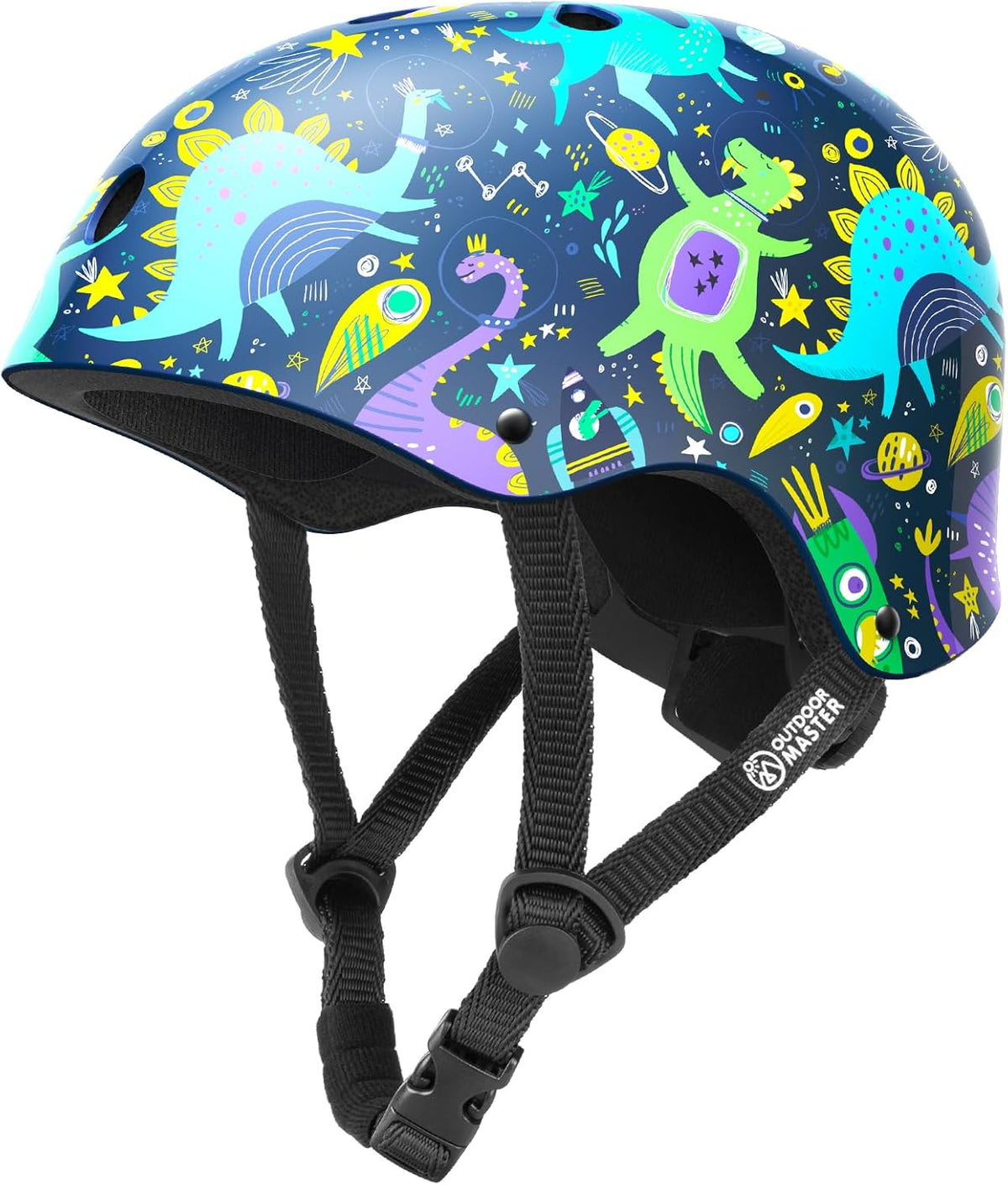 OutdoorMaster Youth &amp; Kids Bike Helmet - Adjustable Multi-Sports Skateboard Helmet with Removable Liners for Balance Bike, Kids Scooter, One Wheel Hoverboard,Graffiti-style helmet-Dinoverse Madness-Large