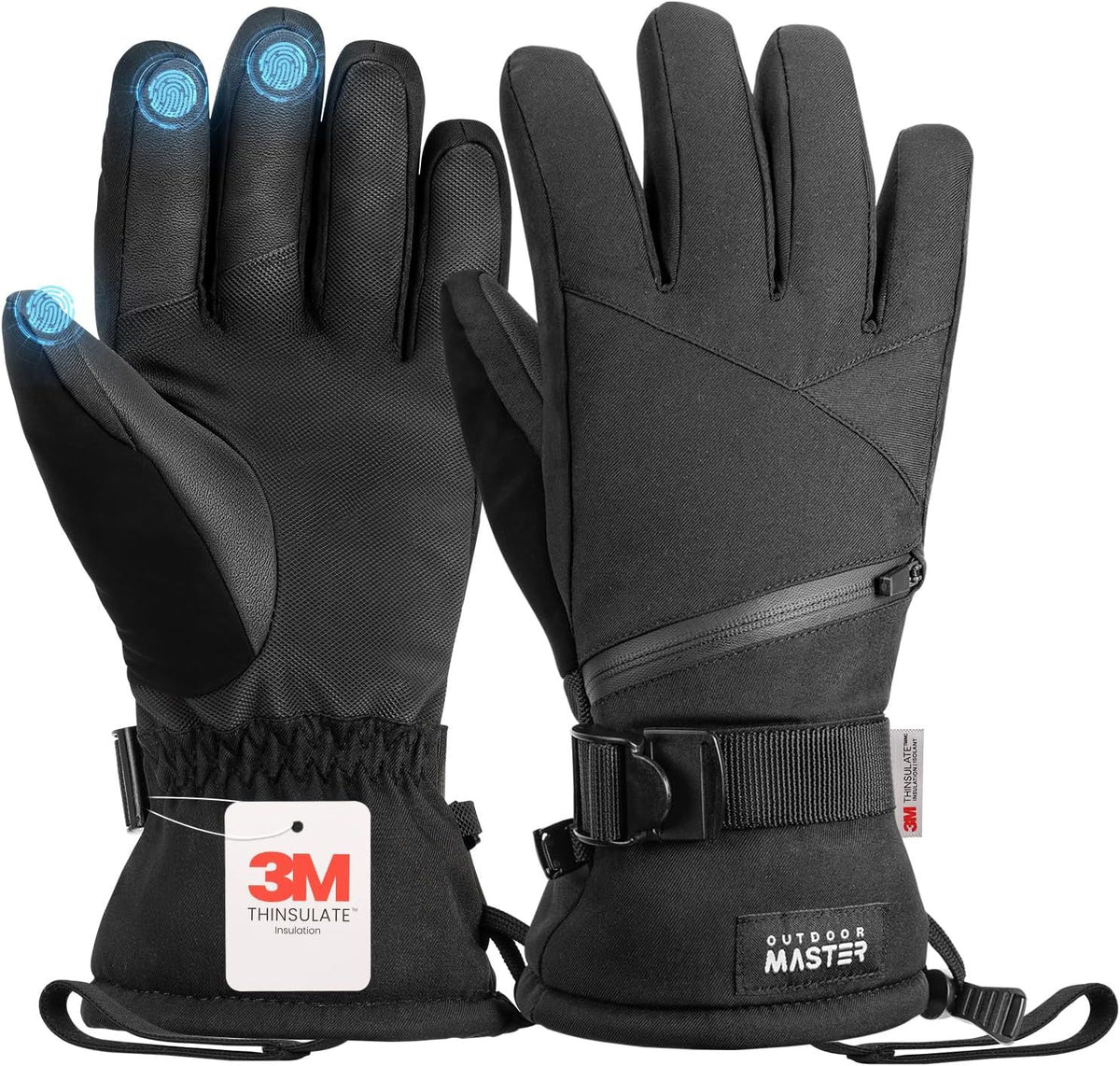 OutdoorMaster Ski Snow Gloves for Women &amp; Men - 3M Thinsulate Waterproof Snowboard Winter Warm Windproof Snowmobile Gloves with Double-Pocket-Black,Large