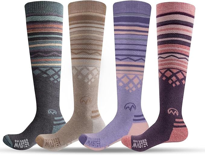 OutdoorMaster Ski Socks 4-Pack Merino Wool, Over The Calf Non-Slip Cuff for Men &amp; Women